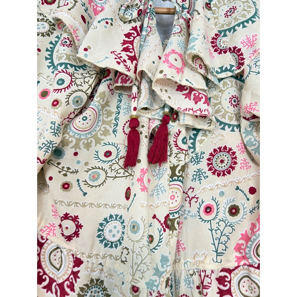 Boemo Womens Boho Tiered Maxi Dress Medallion Paisley Ruffle Tassel Cream Size M - Picture 4 of 7